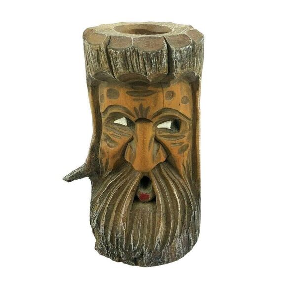 Rustic Hand Carved Wooden Candle Holder With Bearded Face Design - Picture 1 of 6